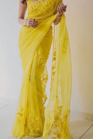 Buy Yellow Net Saree Embroidered Floral Design Online