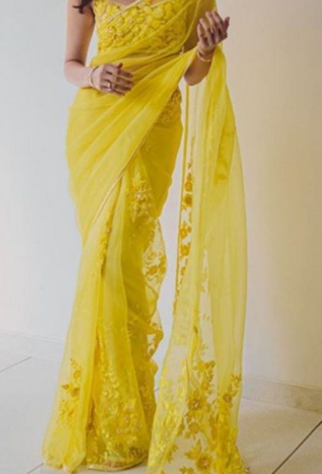 Kajal Aggarwal Yellow Net Embroidered Designer Saree