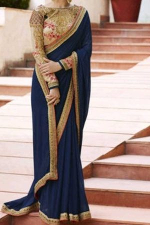 Navy Blue Silk Embroidered Blouse with Saree