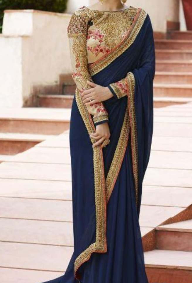 Navy Blue Silk Embroidered Blouse with Saree