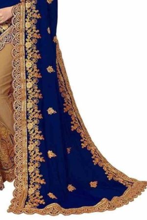 Navy Blue Silk Floral Embroidered Lace Saree