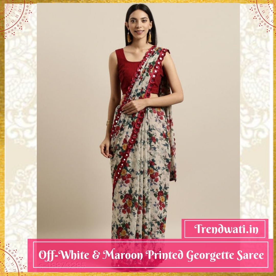 Off-White & Maroon Printed Georgette Saree | Trendwati.in