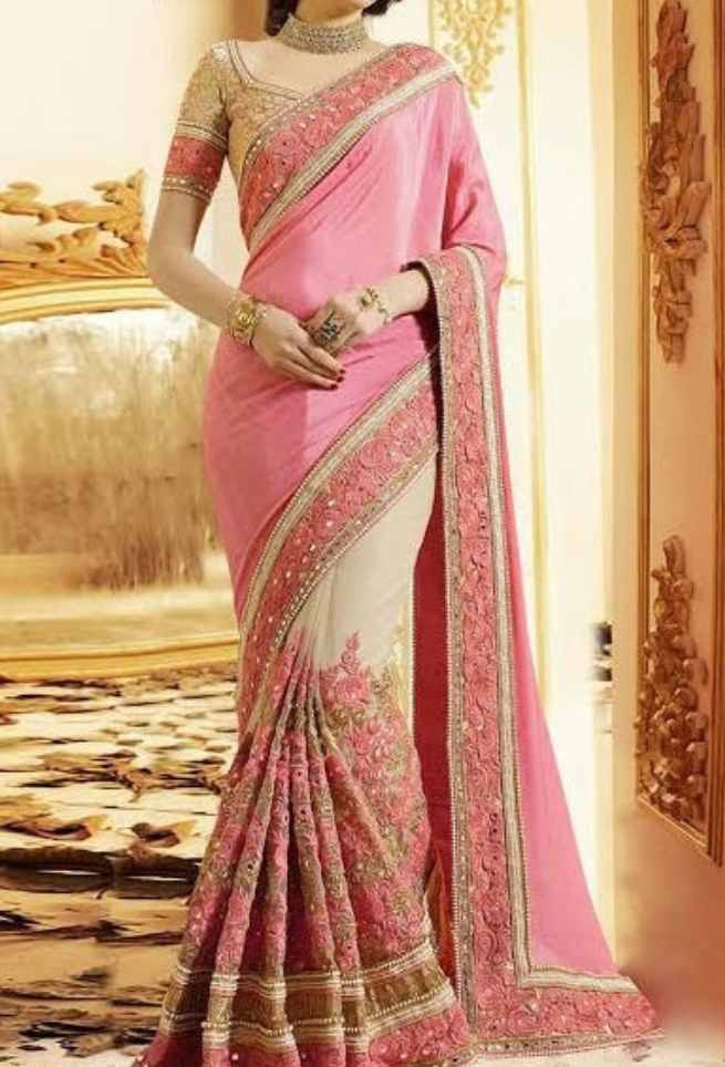 Pink Beige Silk Embroidered Saree with Blouse