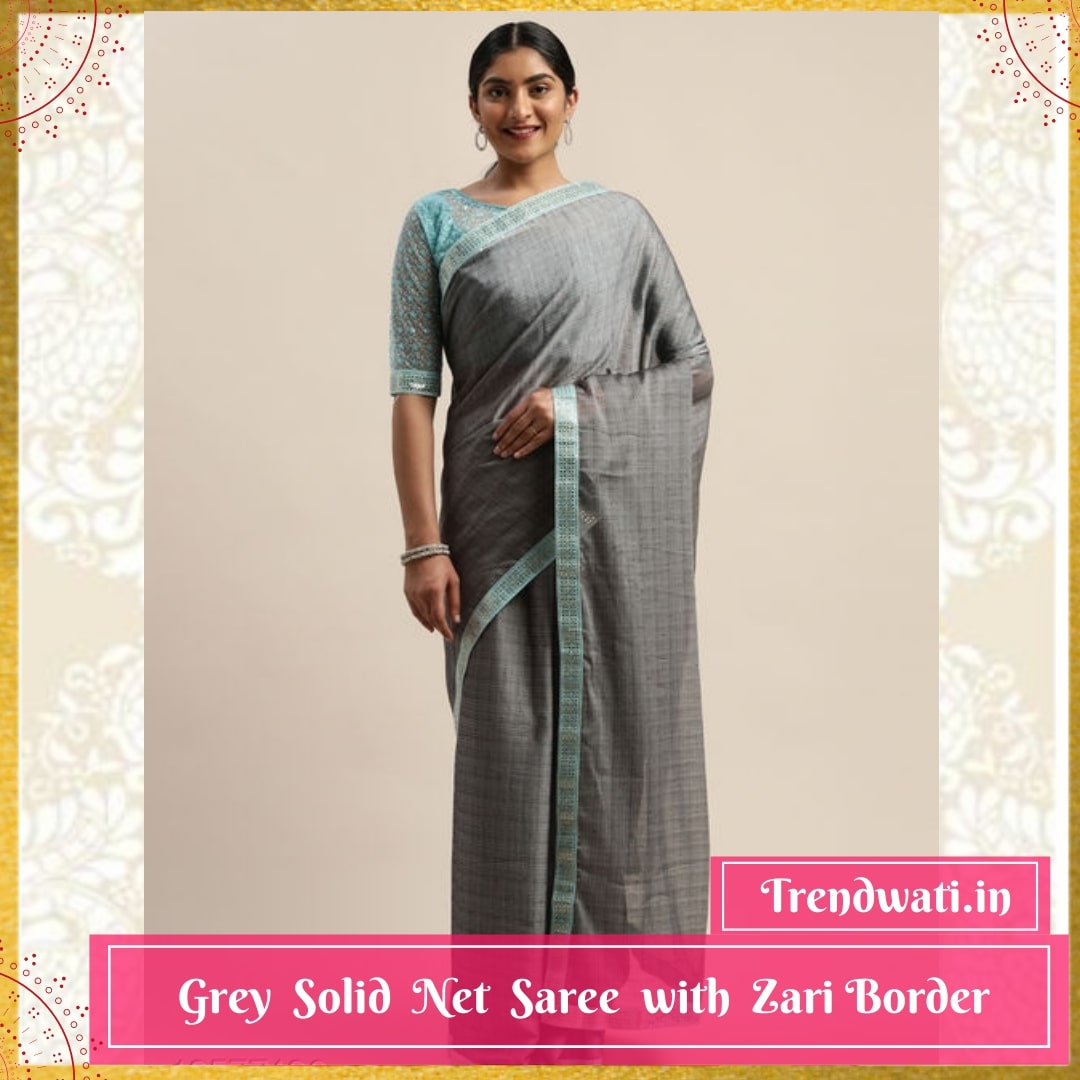 Grey Solid Net Saree with Zari Border