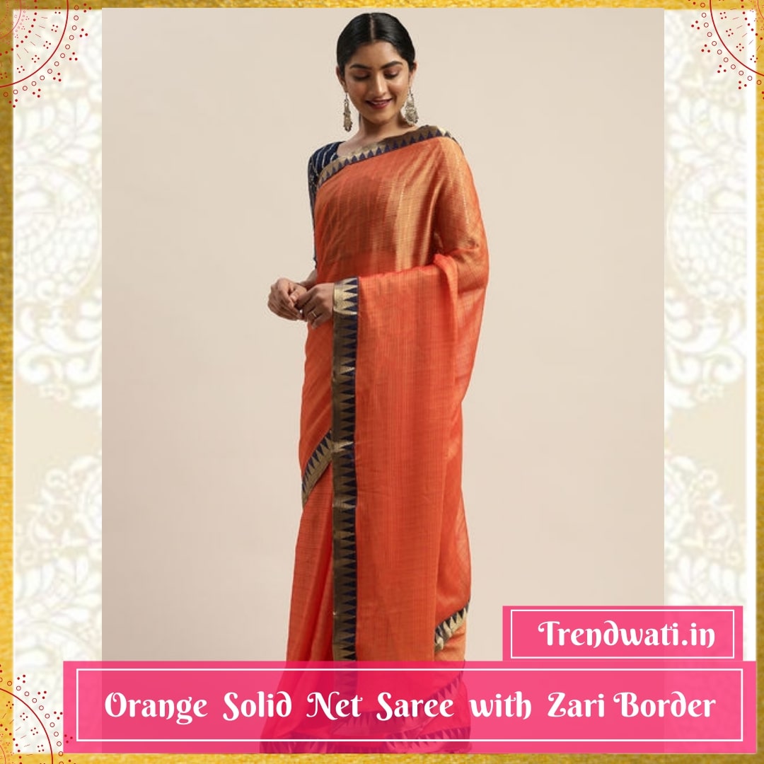Orange Solid Net Saree with Zari Border