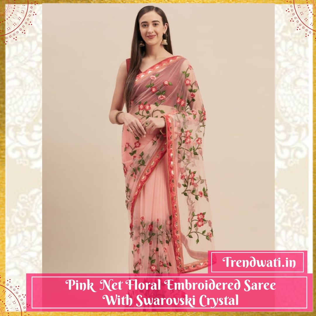 Pink Net Floral Embroidered Saree with Swarovski Crystal
