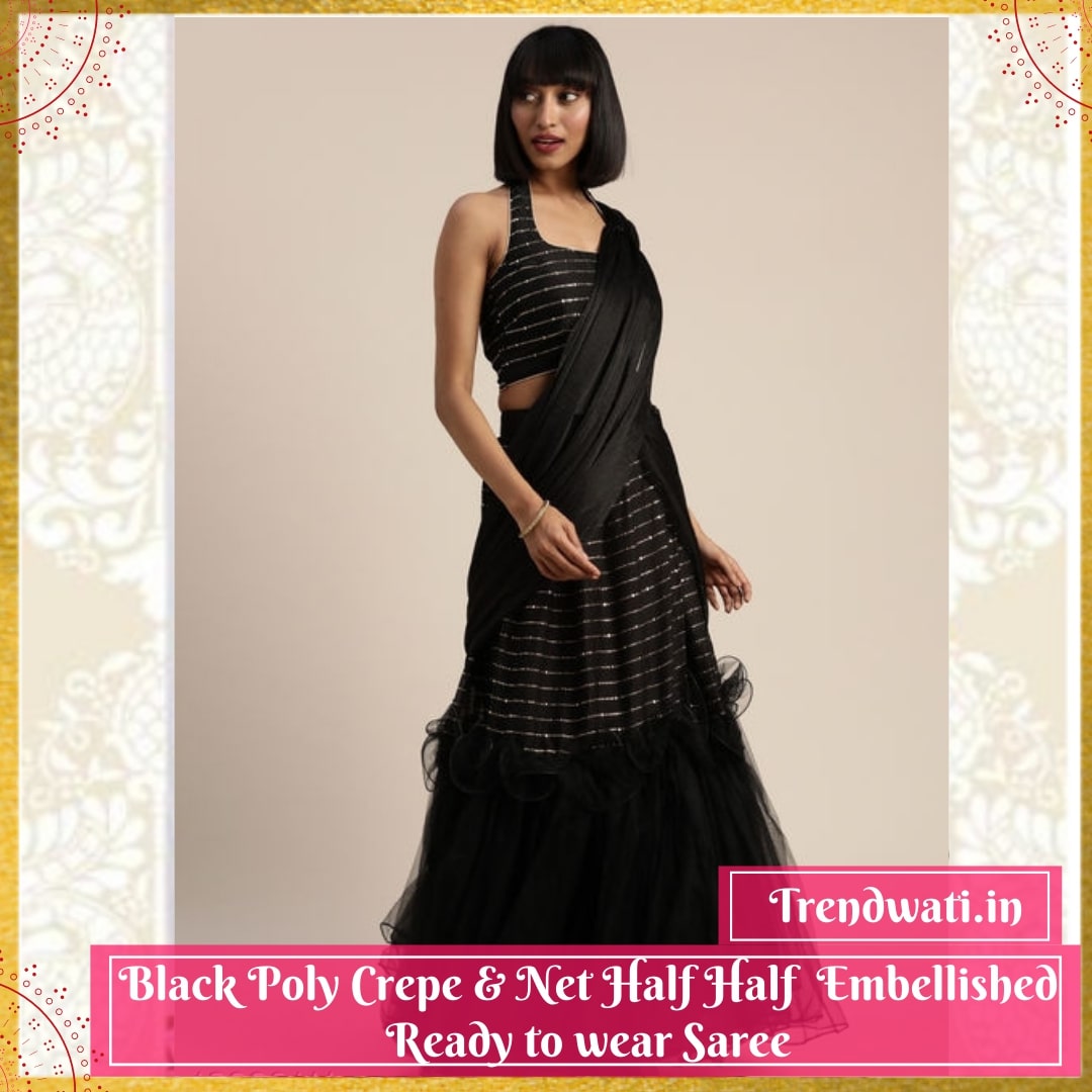 Black Poly Crepe & Net Half Half Embellished Ready to wear Saree