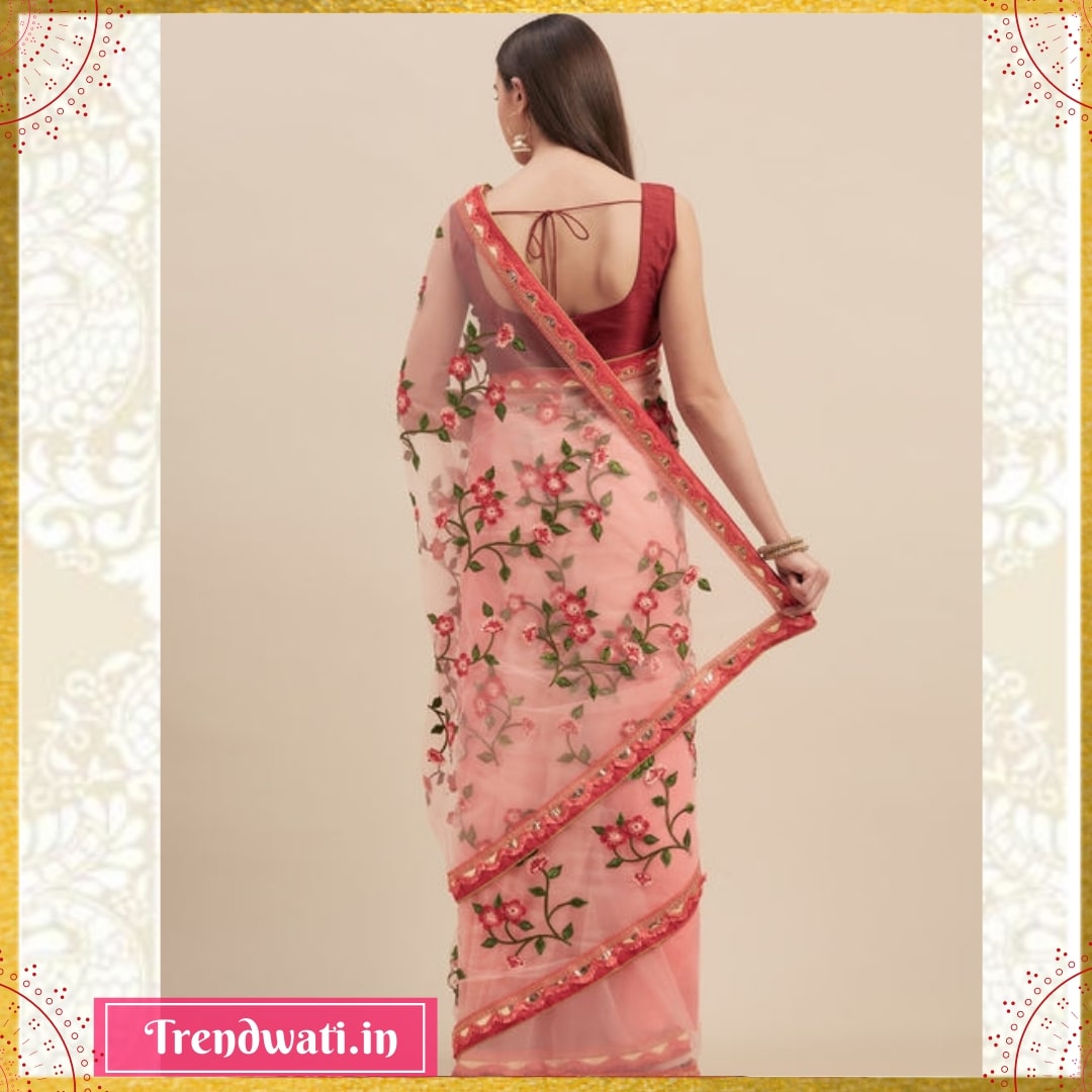 Pink Net Floral Embroidered Saree with Swarovski Crystal