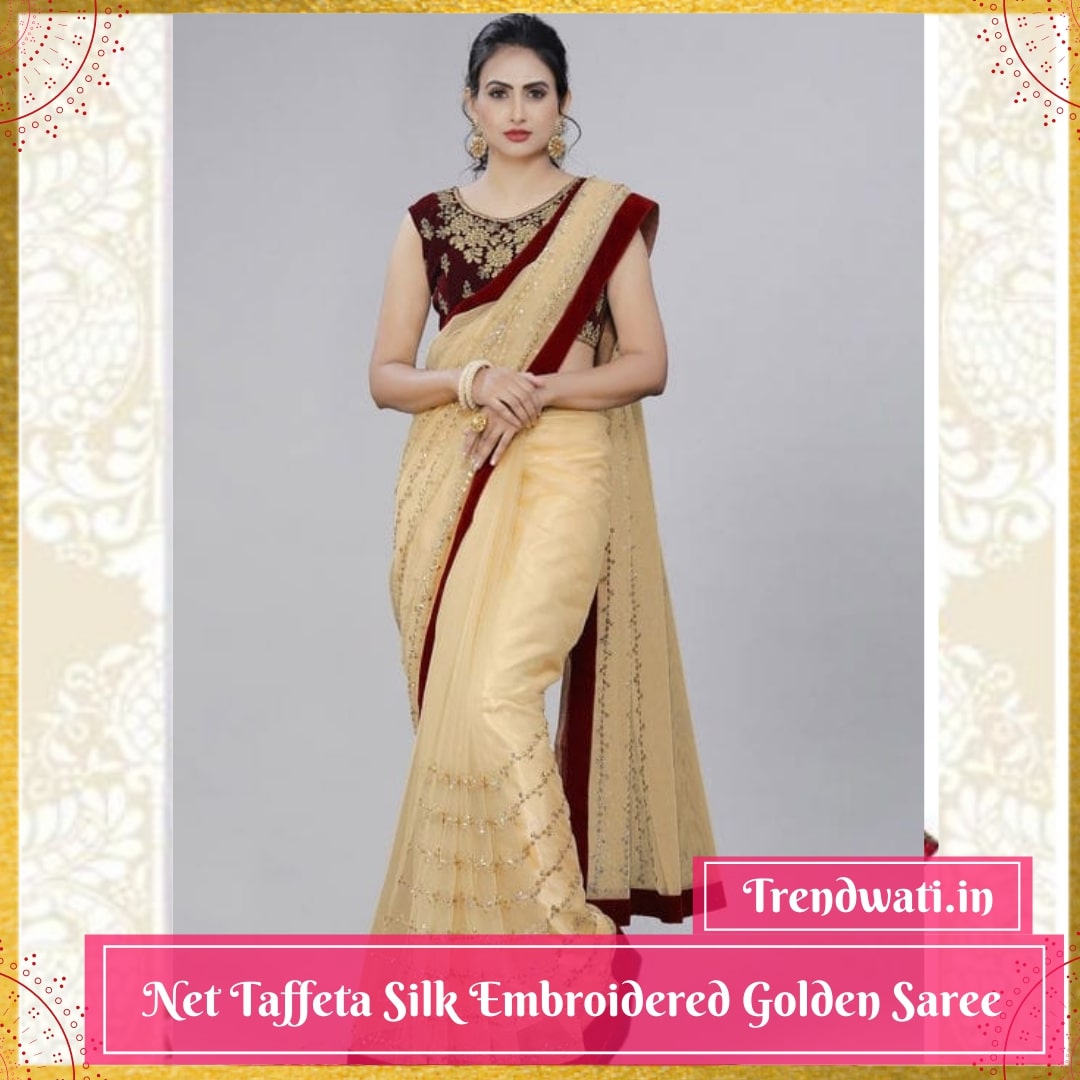 Net Taffeta Silk Embroidered Golden Saree