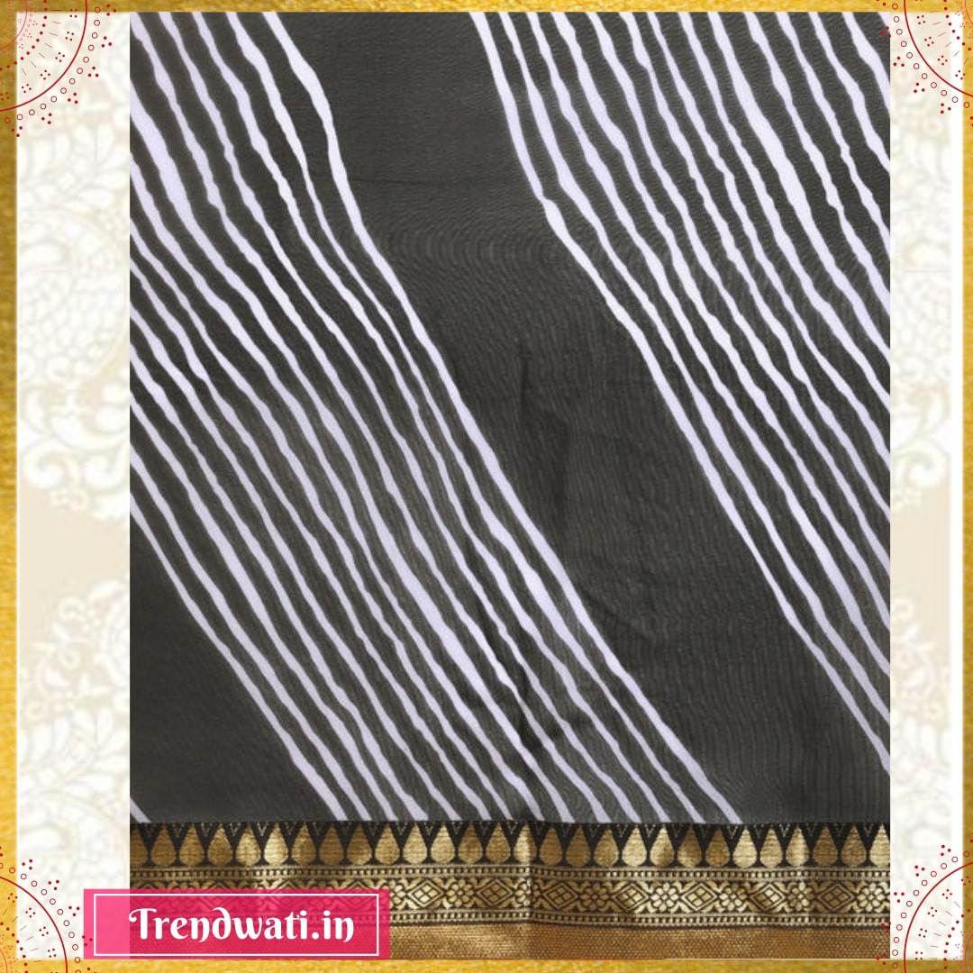 Black & White Color Poly Georgette Strips Saree