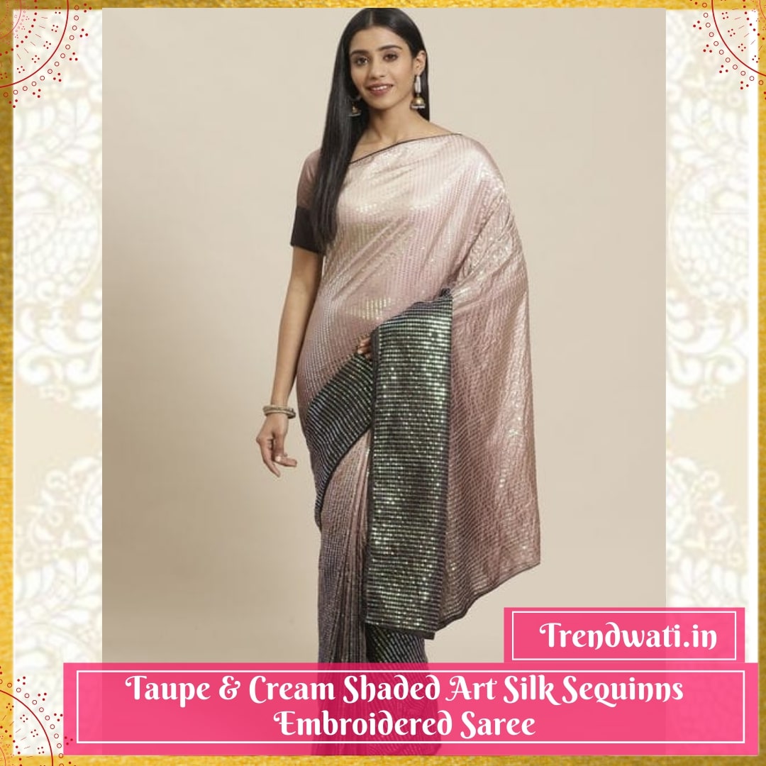 Taupe & Cream Shaded Art Silk Sequins Embroidered Saree