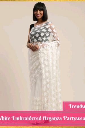 White Embroidered Organza Party wear Saree