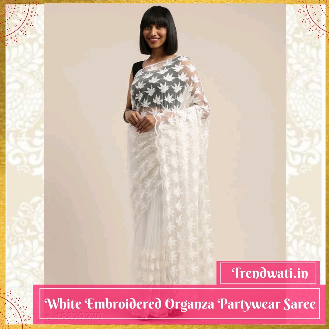 White Embroidered Organza Party wear Saree