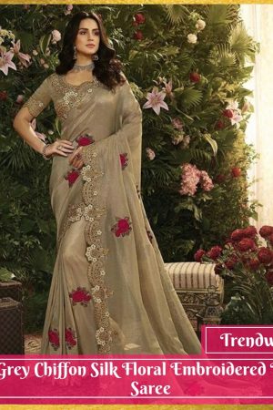 Grey Chiffon Silk Floral Embroidered Lace Saree