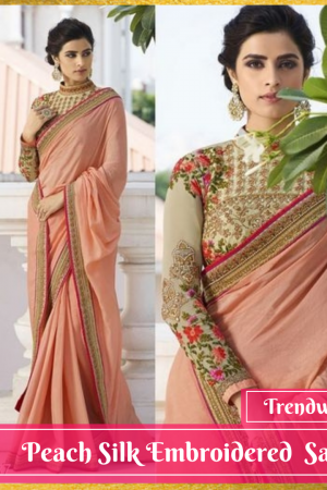 Peach Pink Embroidered Saree with Blouse Piece