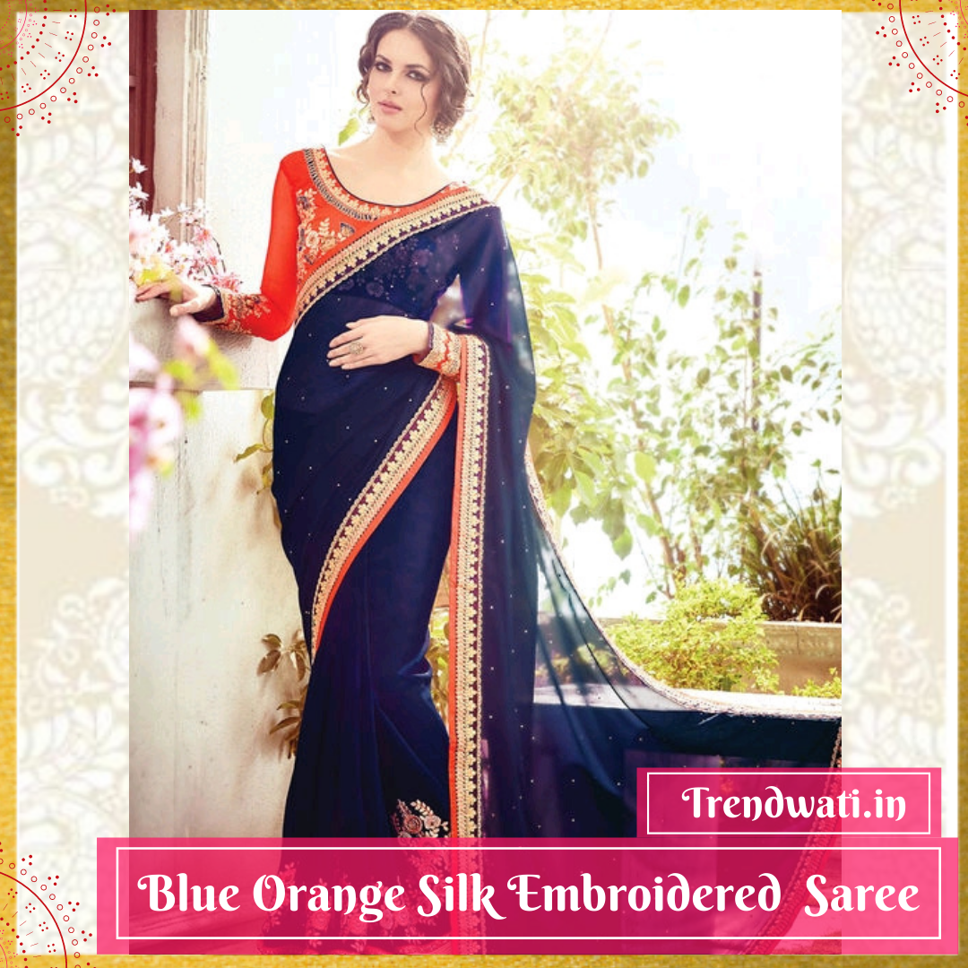 Blue Orange Silk Embroidered Saree