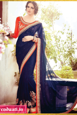 Blue Orange Silk Embroidered  Saree