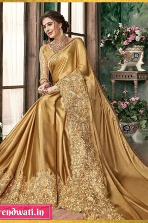 Golden Lycra Silk Floral Embroidered Lace Saree