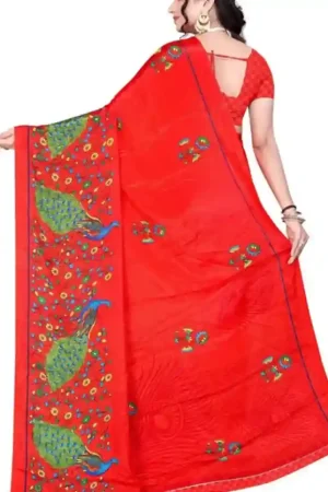 Red Crepe Printed Peacock Floral Saree