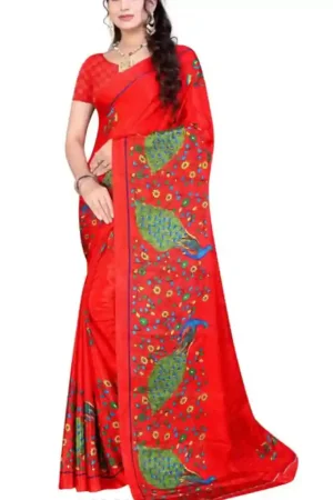 Red Crepe Printed Peacock Floral Saree