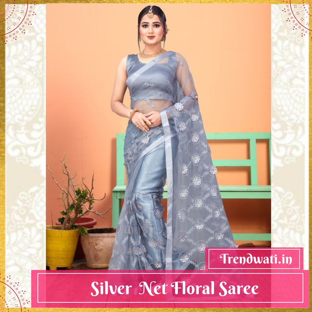 Silver Net Floral Saree