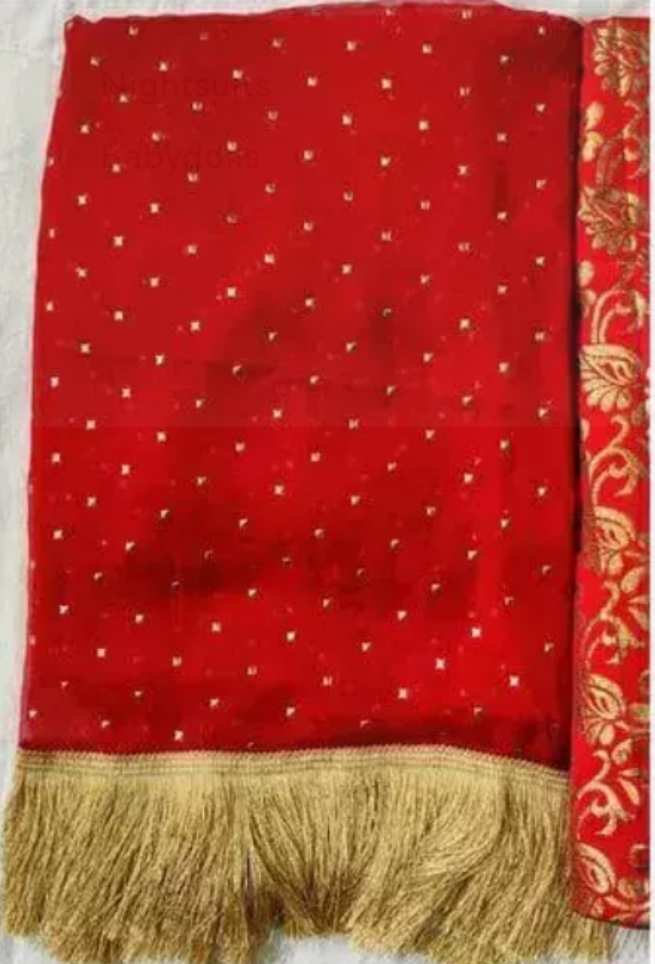 Solid Red Chiffon Embellished Saree
