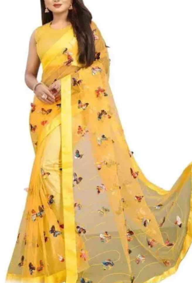 Yellow Solid Floral Net Saree