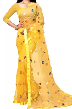 Yellow Solid Floral Net Saree