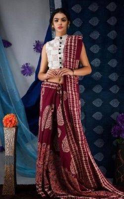 Red Rose & Maroon Floral Molmol Batik Jaipuri Printed Mulmul Cotton Saree