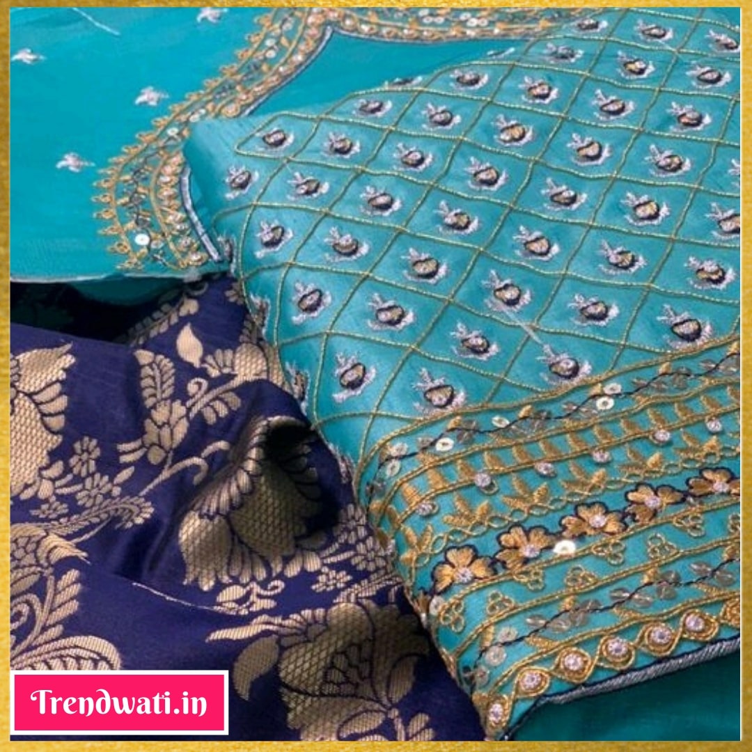 Cyan & Blue Silk Woven Floral Design Embroidered Pattu Saree | trendwati