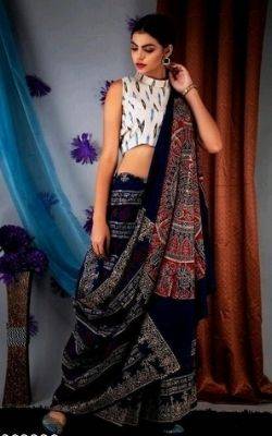 Indigo Blue Floral Geometry Molmol Jaipuri Printed Cotton Mulmul Saree | trendwati