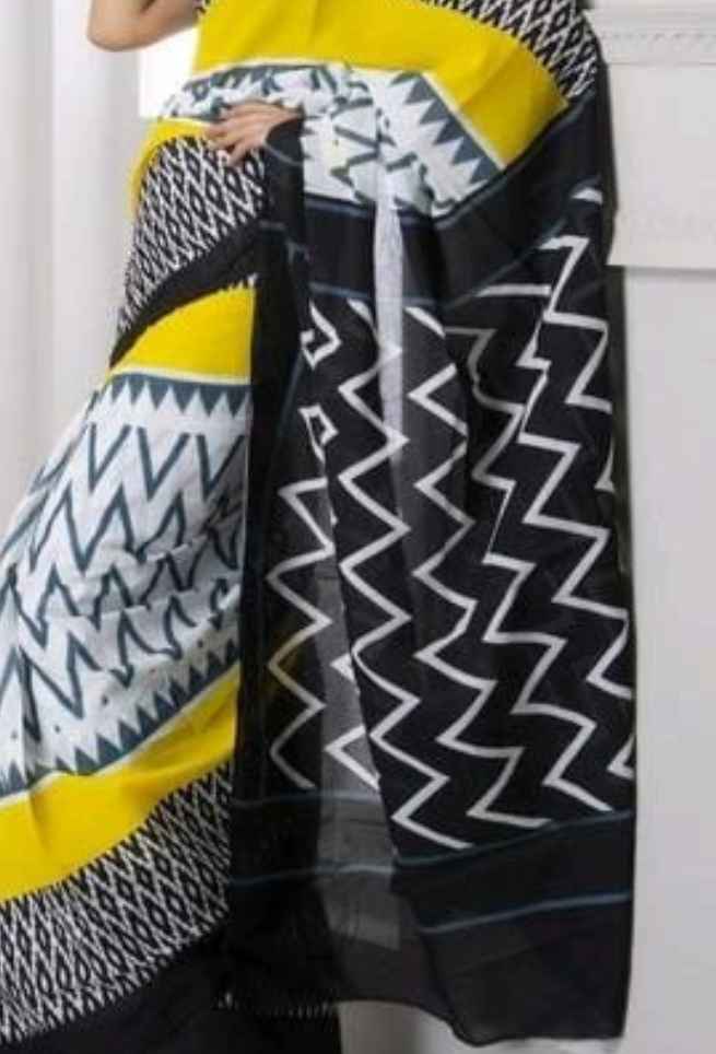 Black & Yellow Striped Zigzag Cotton Saree