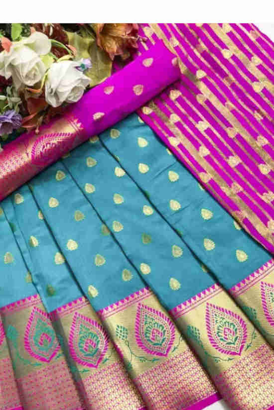 Buy Cyan Blue Silk Saree Pink Border Floral Butta Zari Work Online