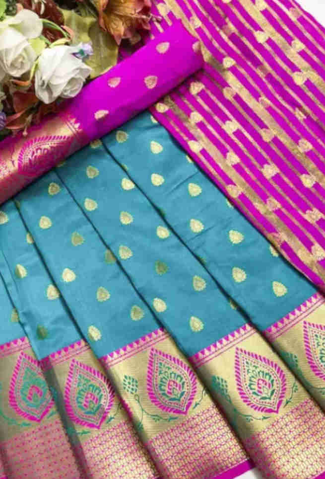 Buy Cyan Blue Silk Saree Pink Border Floral Butta Zari Work Online
