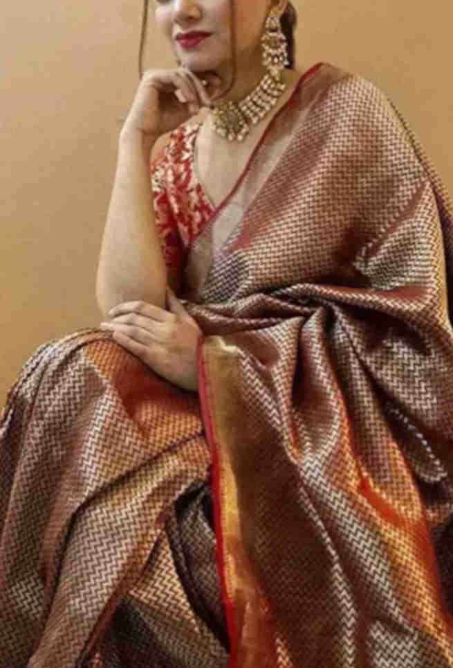Buy Gold Silk Saree Red Zigzag Work with Floral Blouse Online