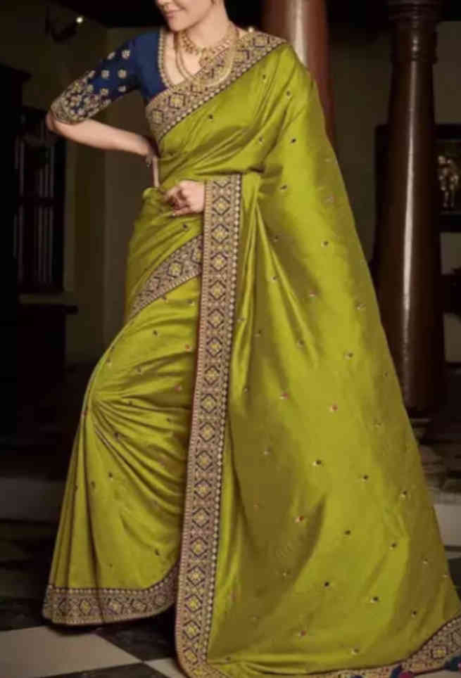 Buy Green Silk Saree Embroidery Butti with Lace Border Online