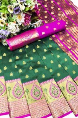 Buy Green Silk Saree Pink Border Floral Butta Zari Work Online