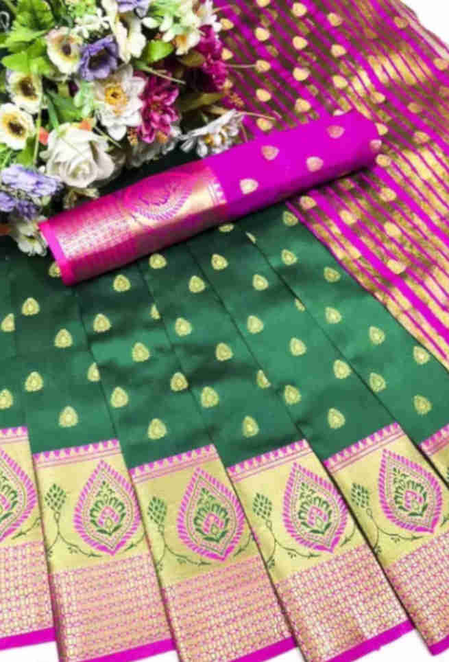 Buy Green Silk Saree Pink Border Floral Butta Zari Work Online