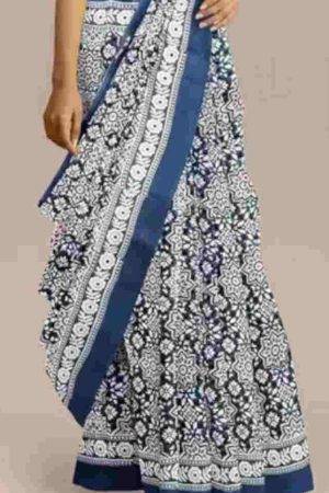 Buy Indigo Blue Mulmul Cotton Saree Floral Design Online
