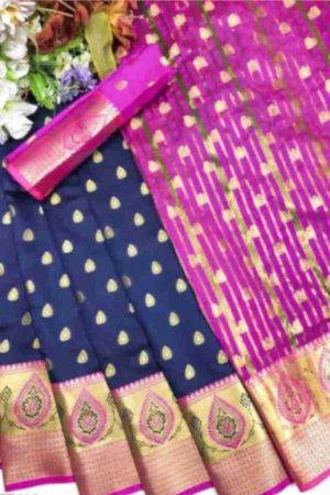 Buy Navy Blue Silk Saree Pink Border Floral Butta Zari Work Online