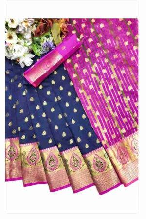 Buy Navy Blue Silk Saree Pink Border Floral Butta Zari Work Online