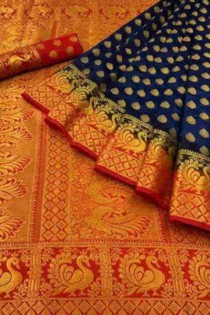 Buy Orange Blue Silk Saree Peacock Motif Jacquard Design Online