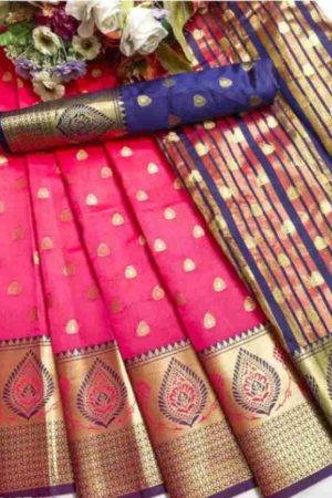 Buy Pink Silk Saree Blue Border Floral Butta Zari Work Online