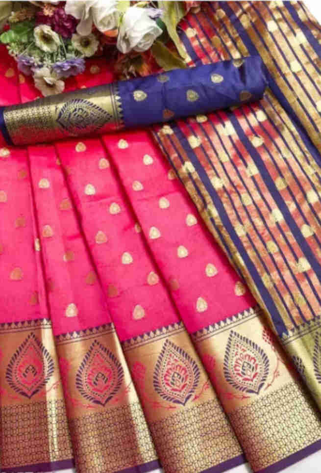 Buy Pink Silk Saree Blue Border Floral Butta Zari Work Online