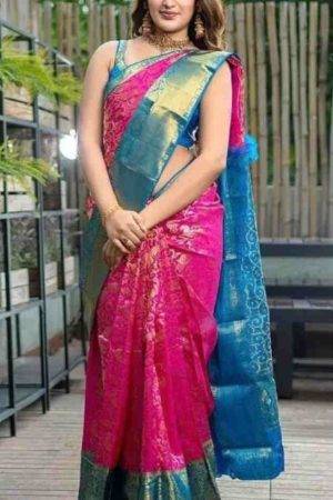 Buy Pink and Blue Silk Floral Design Saree Online
