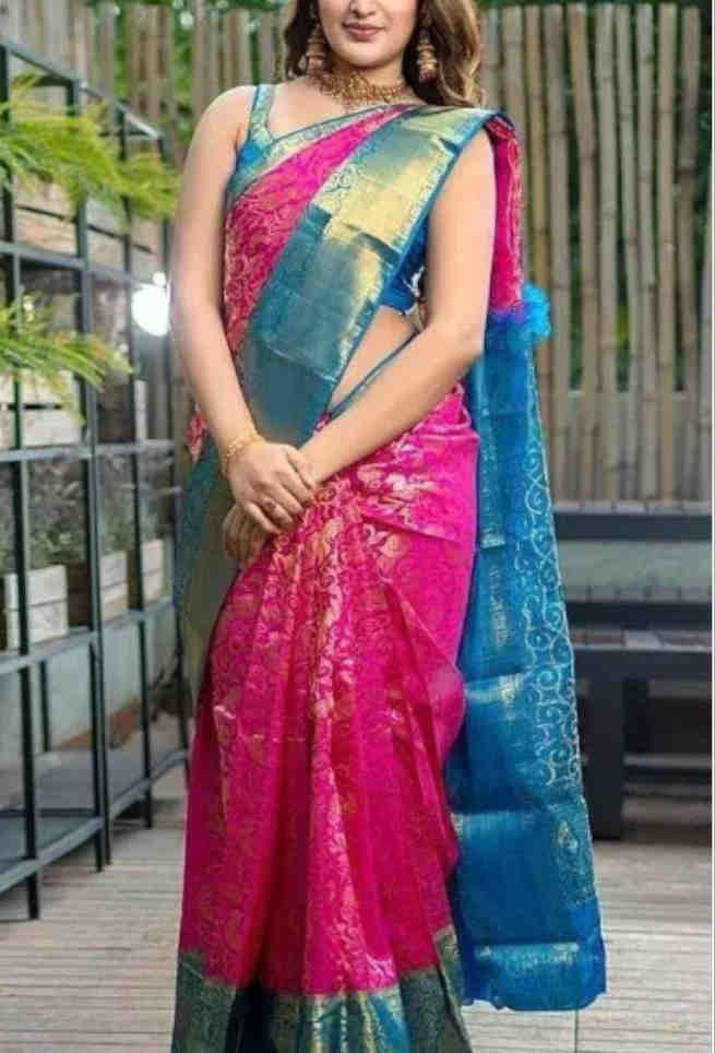 Buy Pink and Blue Silk Floral Design Saree Online | trendwati