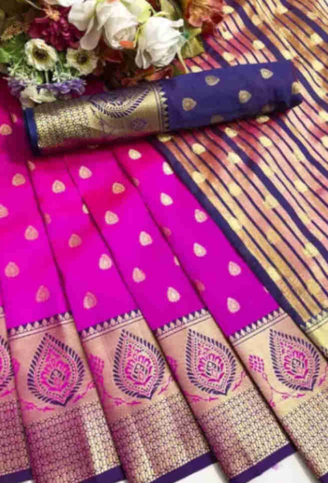 Buy Rani Pink Silk Saree Blue Border Floral Butta Zari Work Online
