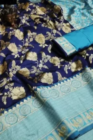 Cyan & Blue Silk Woven Floral Design Embroidered Pattu Saree