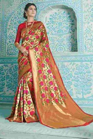 Bridal Gold Pattu Floral Woven Design Silk Paithani Saree