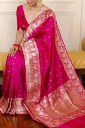 Gold & Pink Banarasi Silk Woven Floral Design Saree